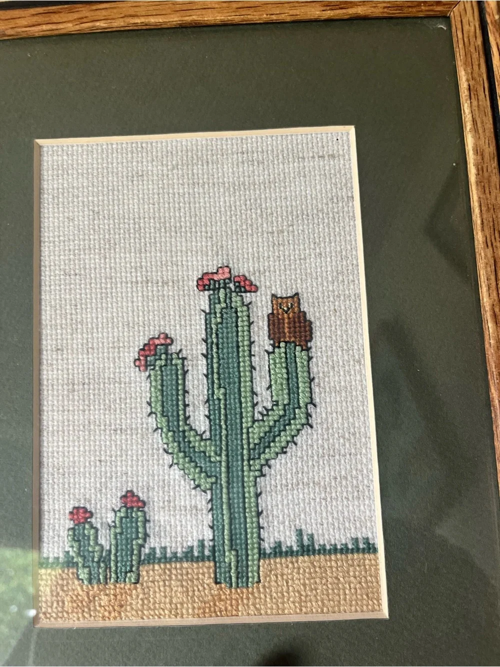 1970’s  Framed Cross Stitch Cactus with Owl